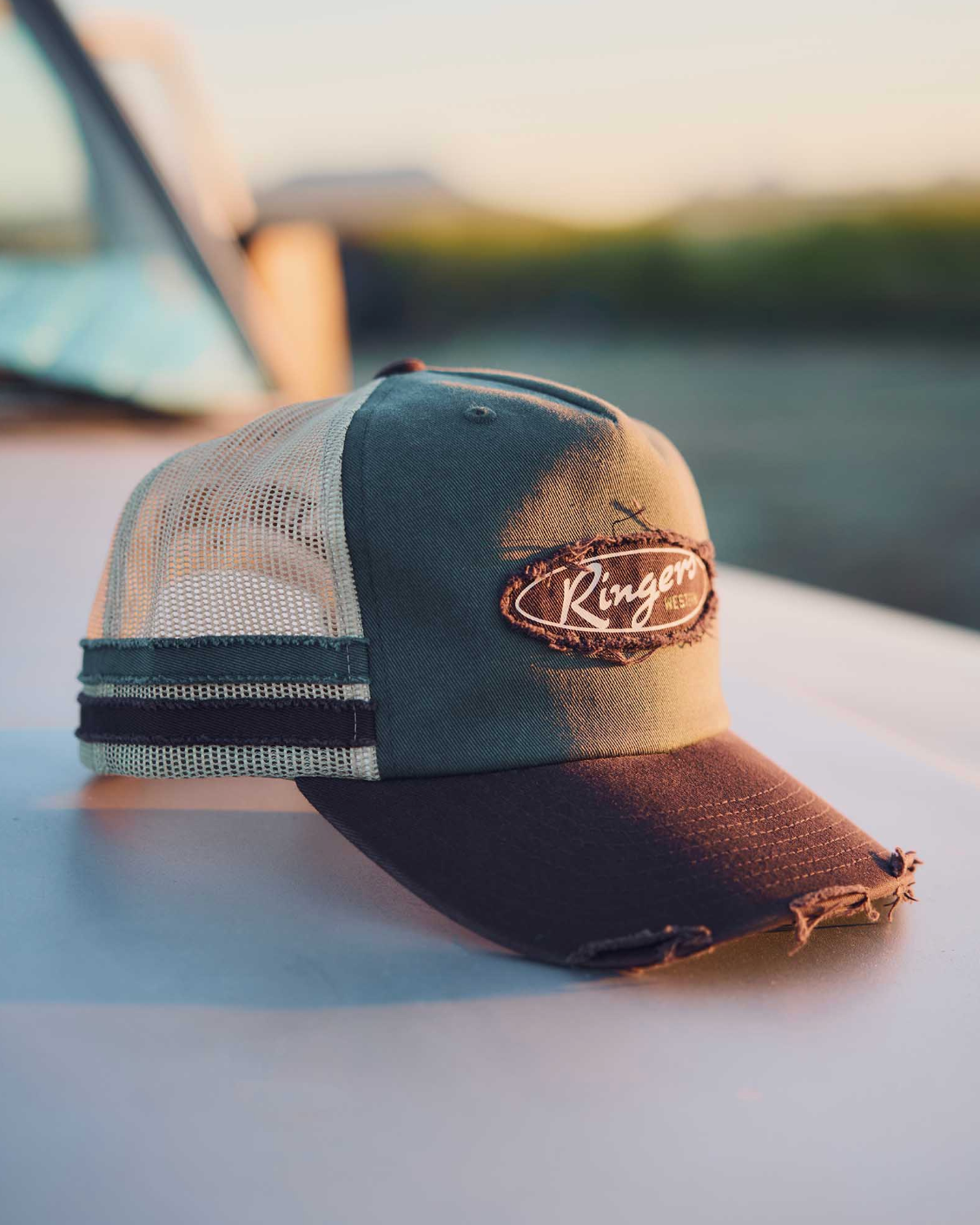 Ringers Western: 100% Cotton Worn Out Deep Fit Trucker Hat in Army Green and Chocolate Brown with a "Ringers" patch on the front - Texas Western Apparel New Zealand 