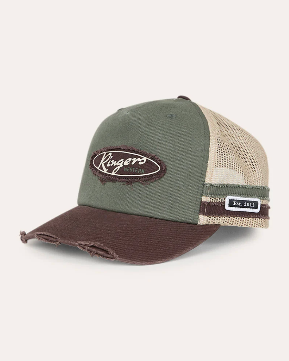 Ringers Western: 100% Cotton Worn Out Deep Fit Trucker Hat in Army Green and Chocolate Brown with a "Ringers" patch on the front - Texas Western Apparel New Zealand 