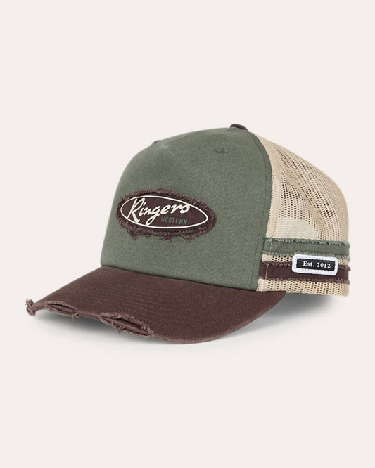 Ringers Western: 100% Cotton Worn Out Deep Fit Trucker Hat in Army Green and Chocolate Brown with a "Ringers" patch on the front - Texas Western Apparel New Zealand 