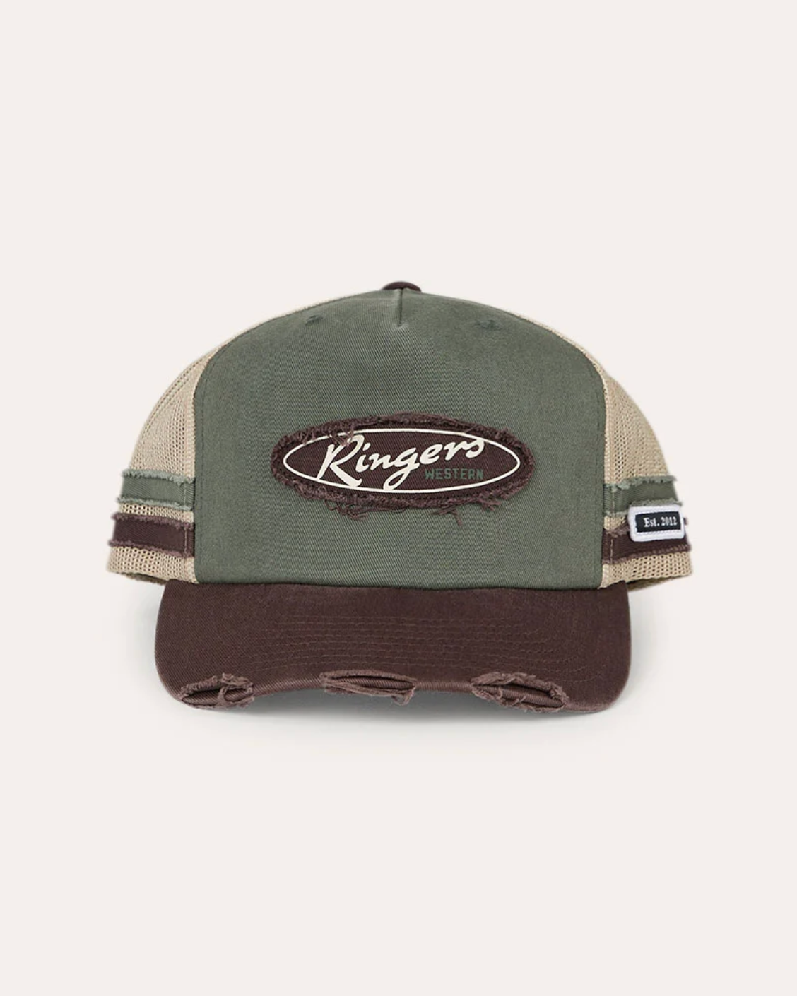 Ringers Western: 100% Cotton Worn Out Deep Fit Trucker Hat in Army Green and Chocolate Brown with a "Ringers" patch on the front - Texas Western Apparel New Zealand 