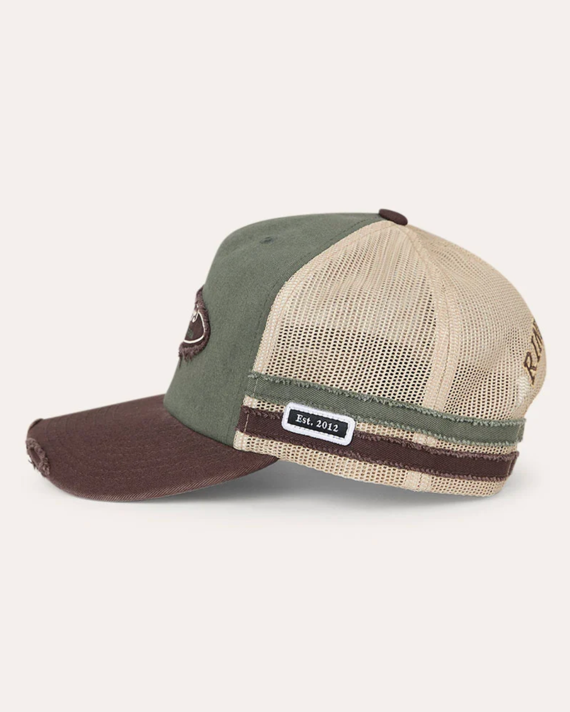 Ringers Western: 100% Cotton Worn Out Deep Fit Trucker Hat in Army Green and Chocolate Brown with a "Ringers" patch on the front - Texas Western Apparel New Zealand 