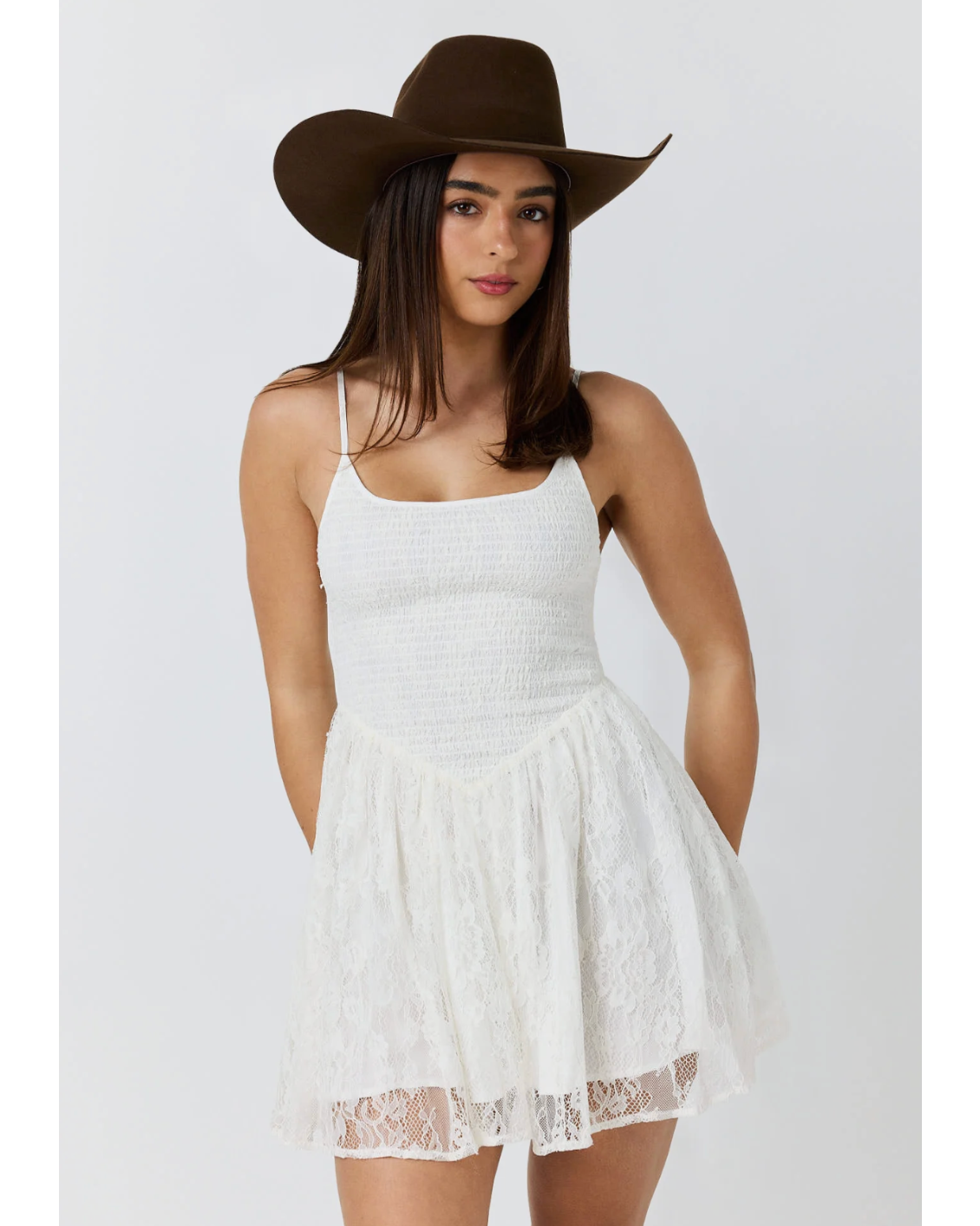 Ringers Western: Womans shirred lace mini dress in the colour white - Texas Western New Zealand