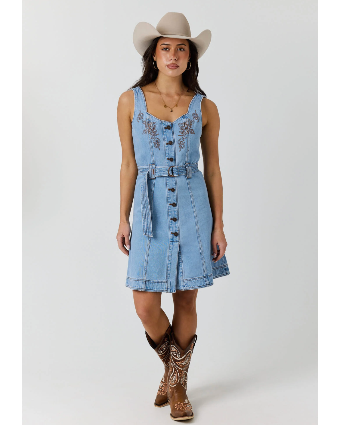 Ringers Western: Womans 100% Cotton Denim Mini dress featuring brown western embroidery - Texas Western New Zealand