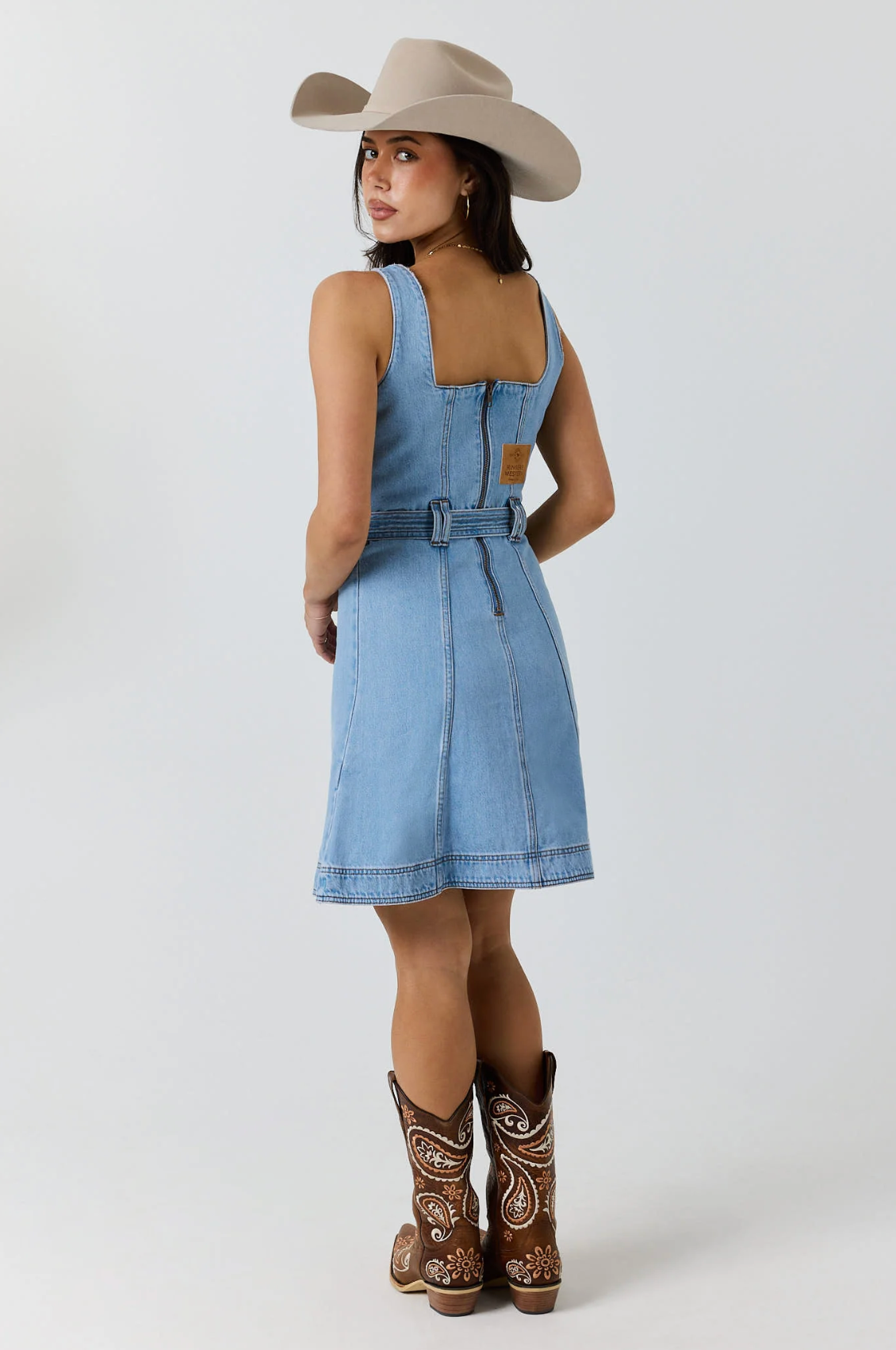 Ringers Western: Womans 100% Cotton Denim Mini dress featuring brown western embroidery - Texas Western New Zealand