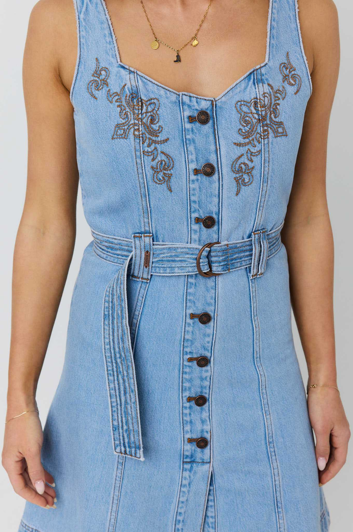 Ringers Western: Womans 100% Cotton Denim Mini dress featuring brown western embroidery - Texas Western New Zealand