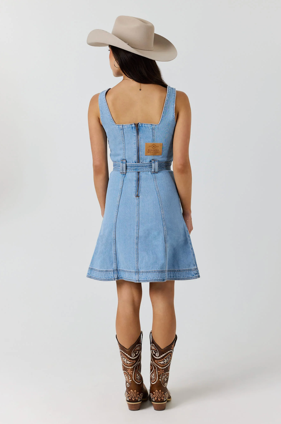 Ringers Western: Womans 100% Cotton Denim Mini dress featuring brown western embroidery - Texas Western New Zealand