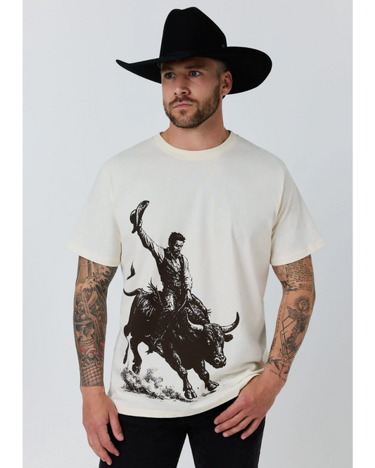 Ringers Western: Mens White 100% Cotton Tee Shirt featuring a graphic of a bull rider in black on the front - Texas Western New Zealand