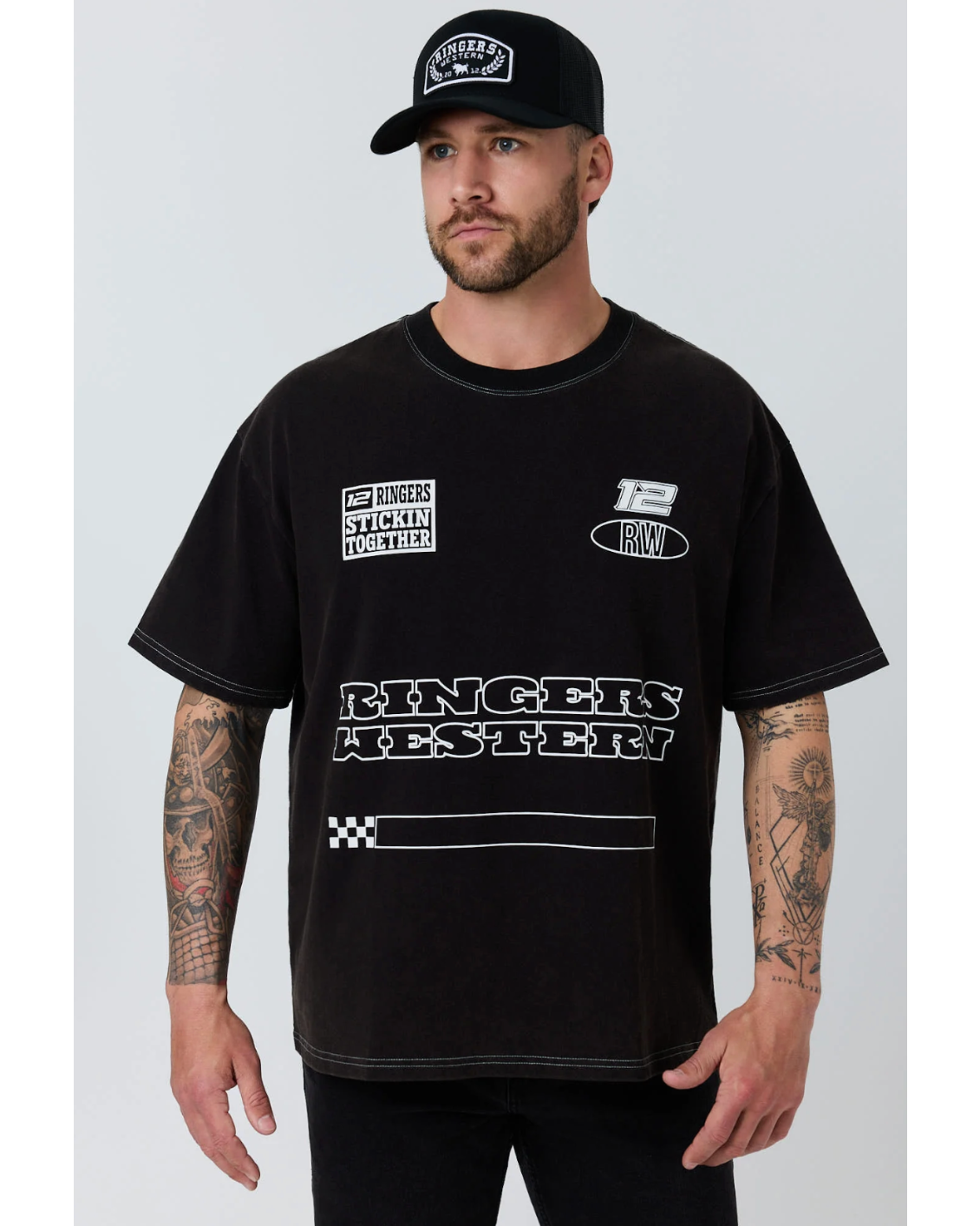 Ringers Western: Mens Black Box Fit Tee with White racing graphics on the front - Texas Western New Zealand 