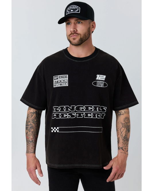Ringers Western: Mens Black Box Fit Tee with White racing graphics on the front - Texas Western New Zealand 