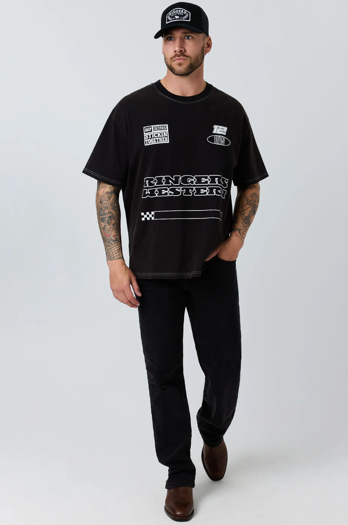 Ringers Western: Mens Black Box Fit Tee with White racing graphics on the front - Texas Western New Zealand 