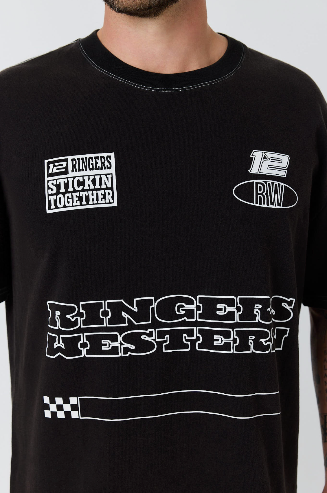 Ringers Western: Mens Black Box Fit Tee with White racing graphics on the front - Texas Western New Zealand 