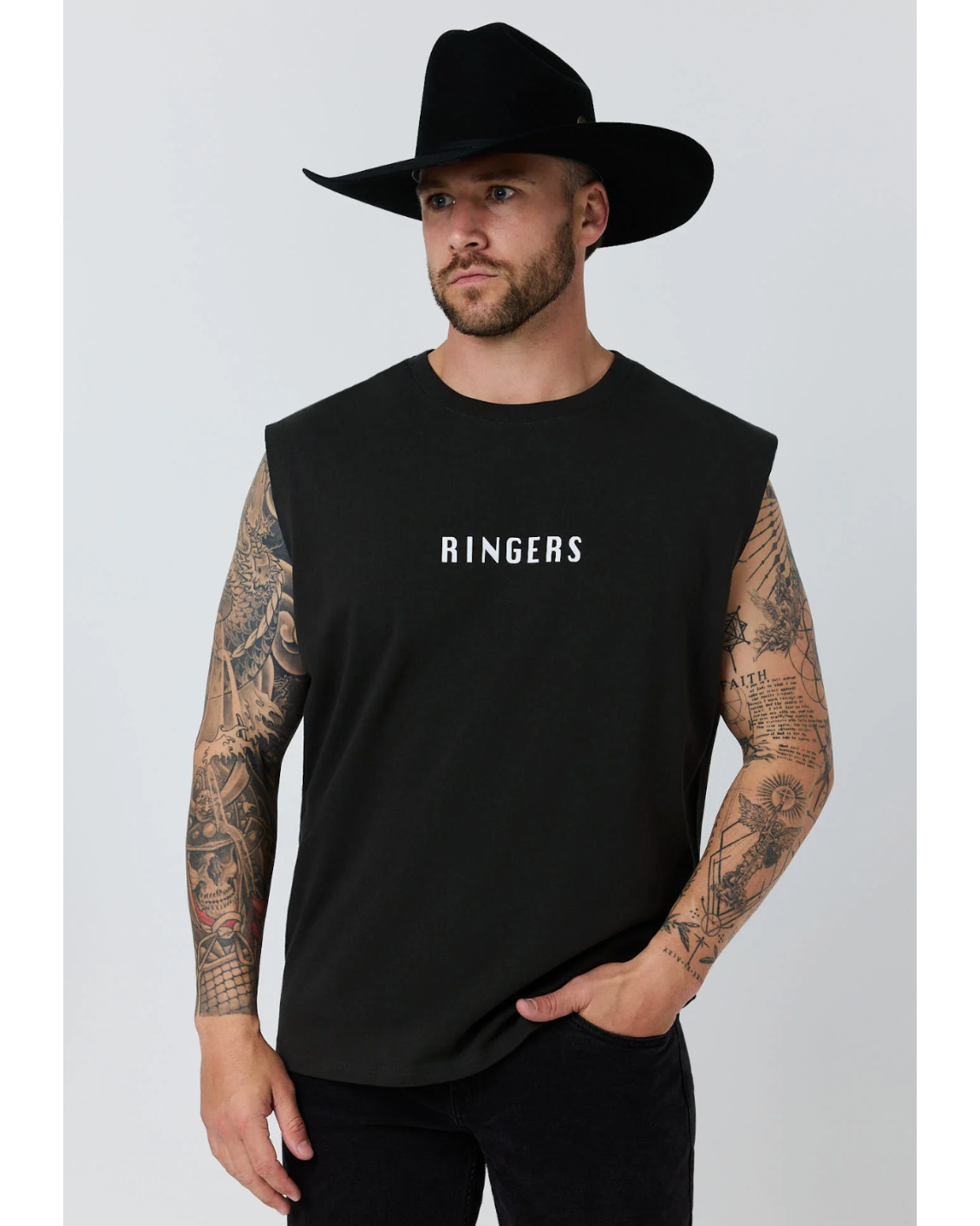 Ringers Western: Mens 100% Cotton Black Tank with a Black Bull Graphic on the back - Texas Western New Zealand