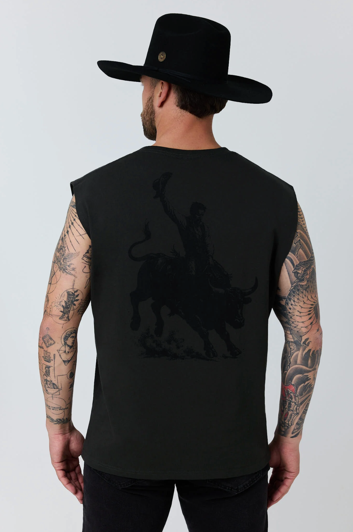 Ringers Western: Mens 100% Cotton Black Tank with a Black Bull Graphic on the back - Texas Western New Zealand