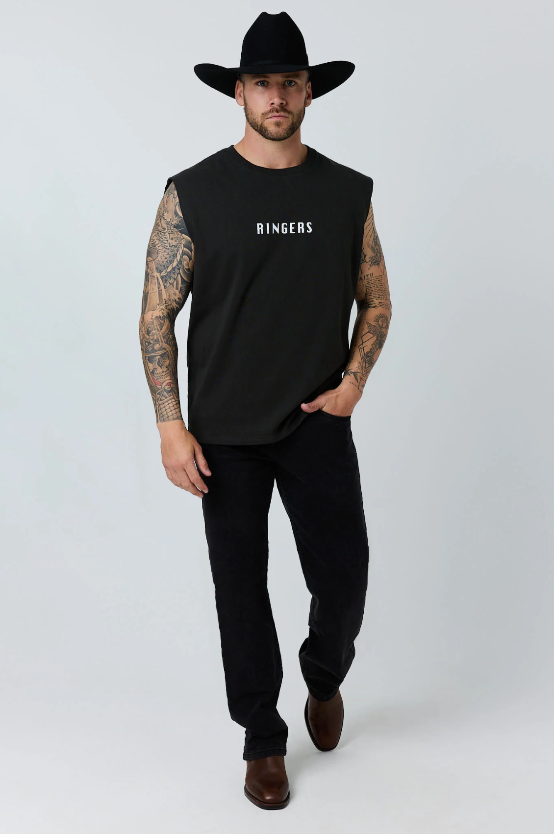 Ringers Western: Mens 100% Cotton Black Tank with a Black Bull Graphic on the back - Texas Western New Zealand