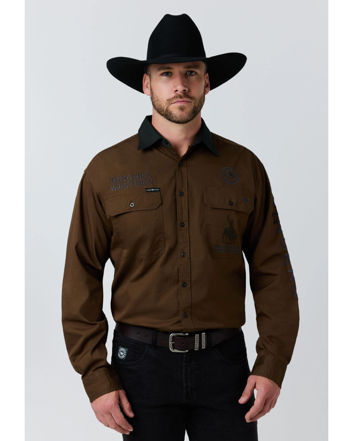 Ringers Western: Mens 100% Cotton Work shirt in the colourway brown/black - Texas Western New Zealand