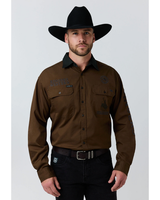Ringers Western: Mens 100% Cotton Work shirt in the colourway brown/black - Texas Western New Zealand