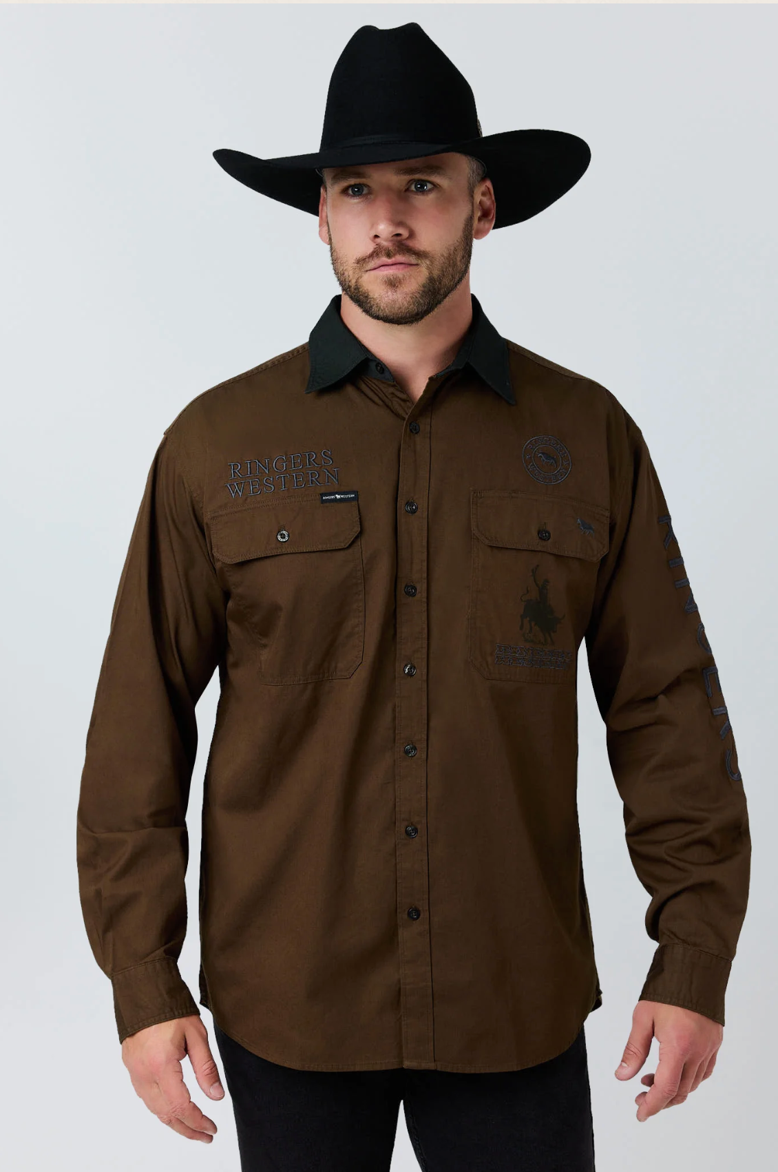 Ringers Western: Mens 100% Cotton Work shirt in the colourway brown/black - Texas Western New Zealand