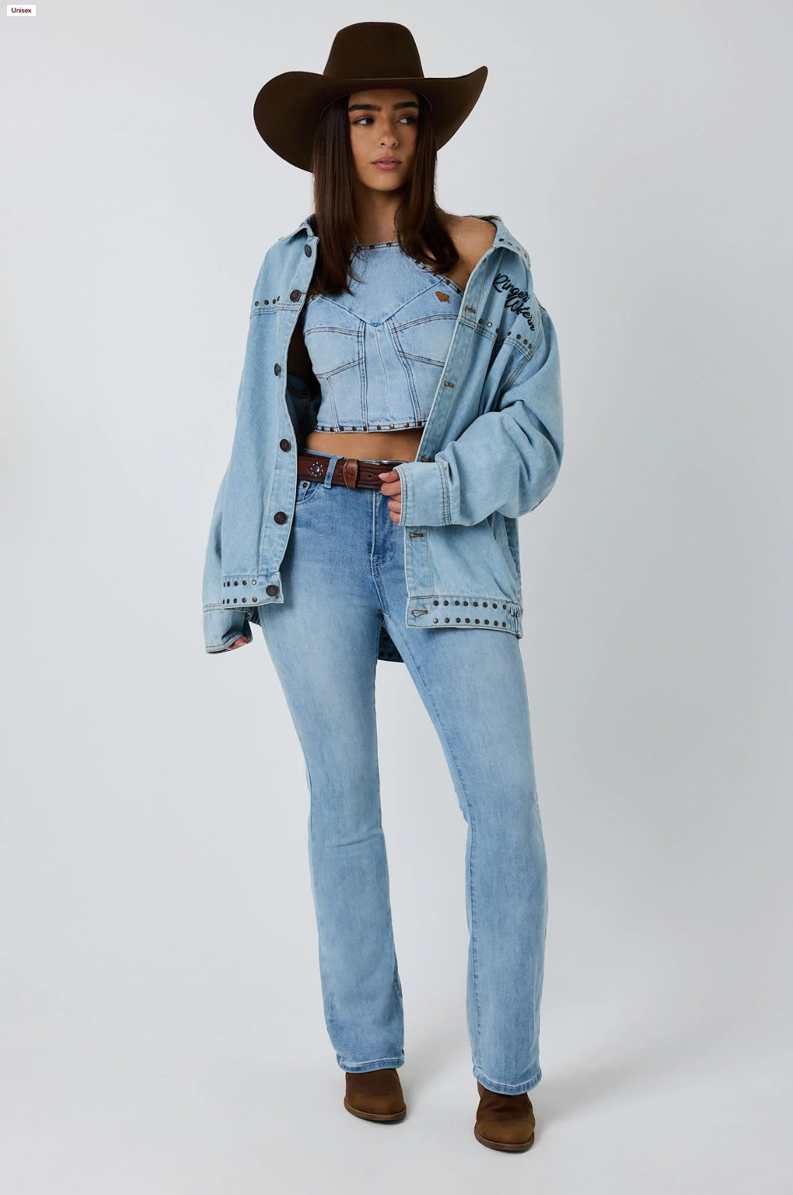 Ringers Western Unisex Over sized Denim Jacket with a western bull graphic in black on the back - Texas Western New Zealand