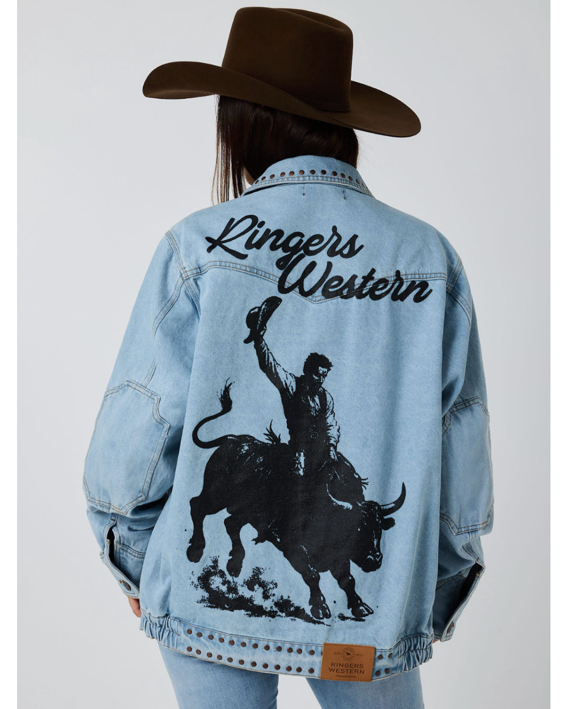 Ringers Western Unisex Over sized Denim Jacket with a western bull graphic in black on the back - Texas Western New Zealand