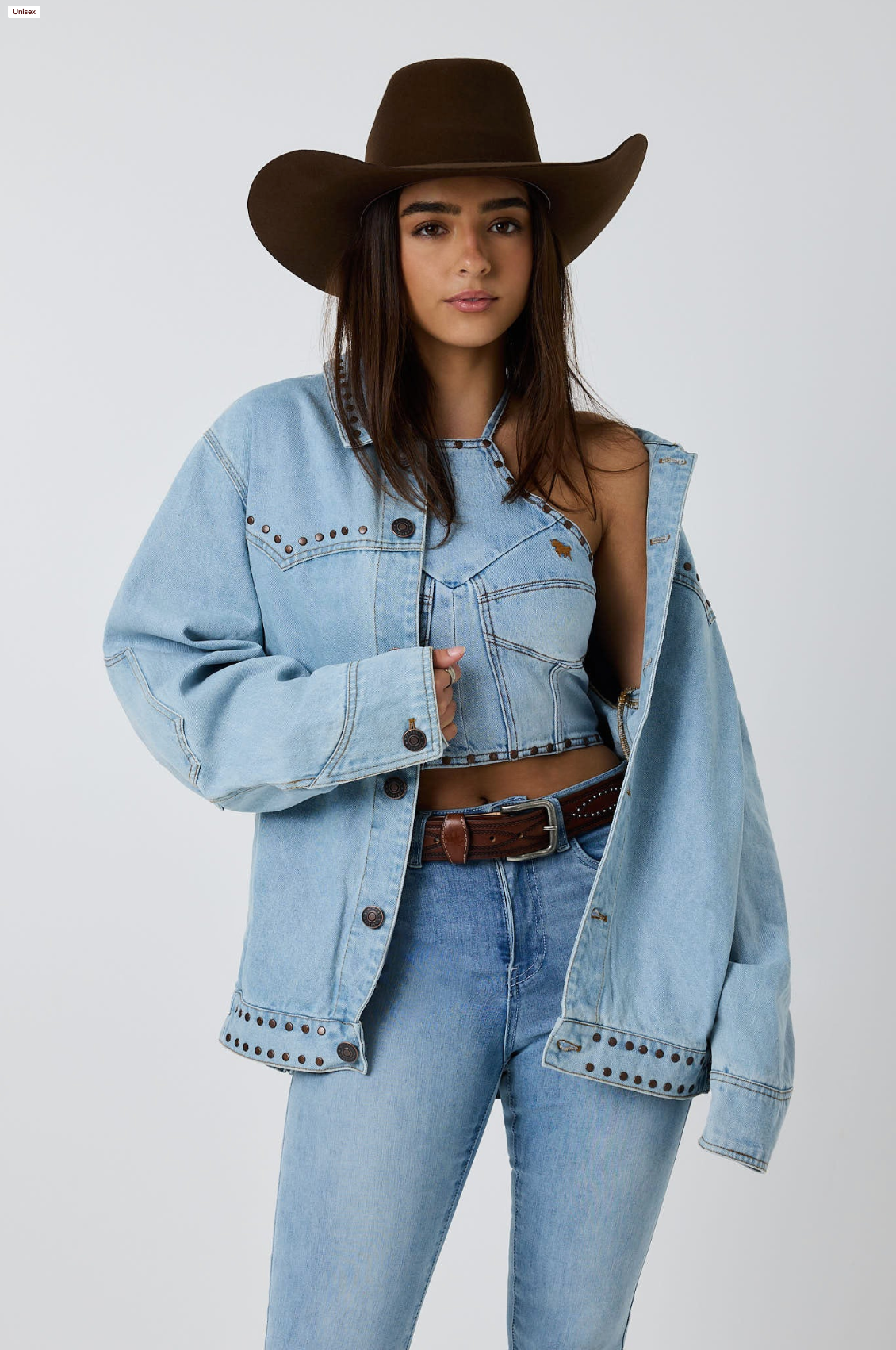 Ringers Western Unisex Over sized Denim Jacket with a western bull graphic in black on the back - Texas Western New Zealand