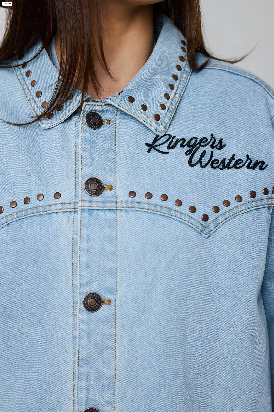 Ringers Western Unisex Over sized Denim Jacket with a western bull graphic in black on the back - Texas Western New Zealand