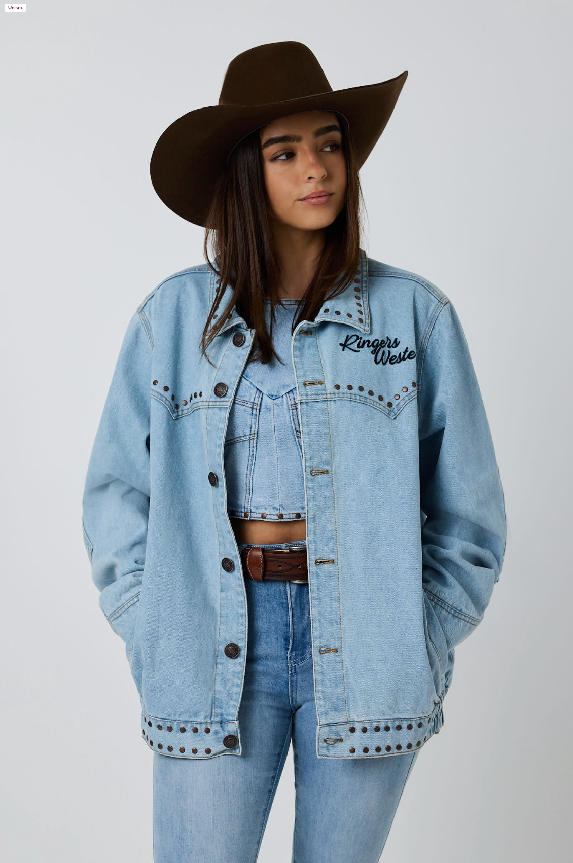 Ringers Western Unisex Over sized Denim Jacket with a western bull graphic in black on the back - Texas Western New Zealand