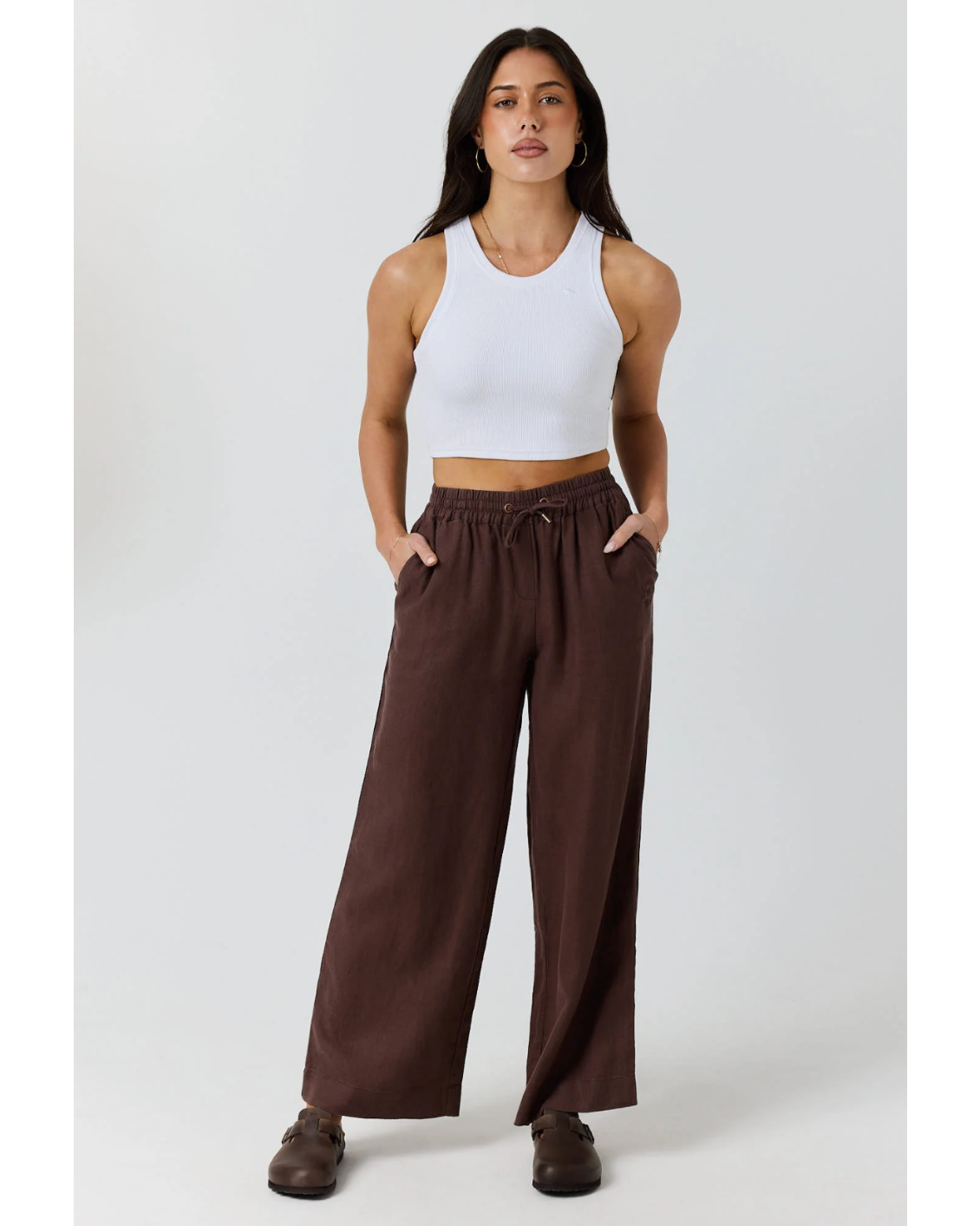 Ringers Western: Womans Brown Linen Pants with a Draw String Waist - Texas Western Apparel New Zealand