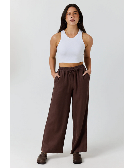 Ringers Western: Womans Brown Linen Pants with a Draw String Waist - Texas Western Apparel New Zealand