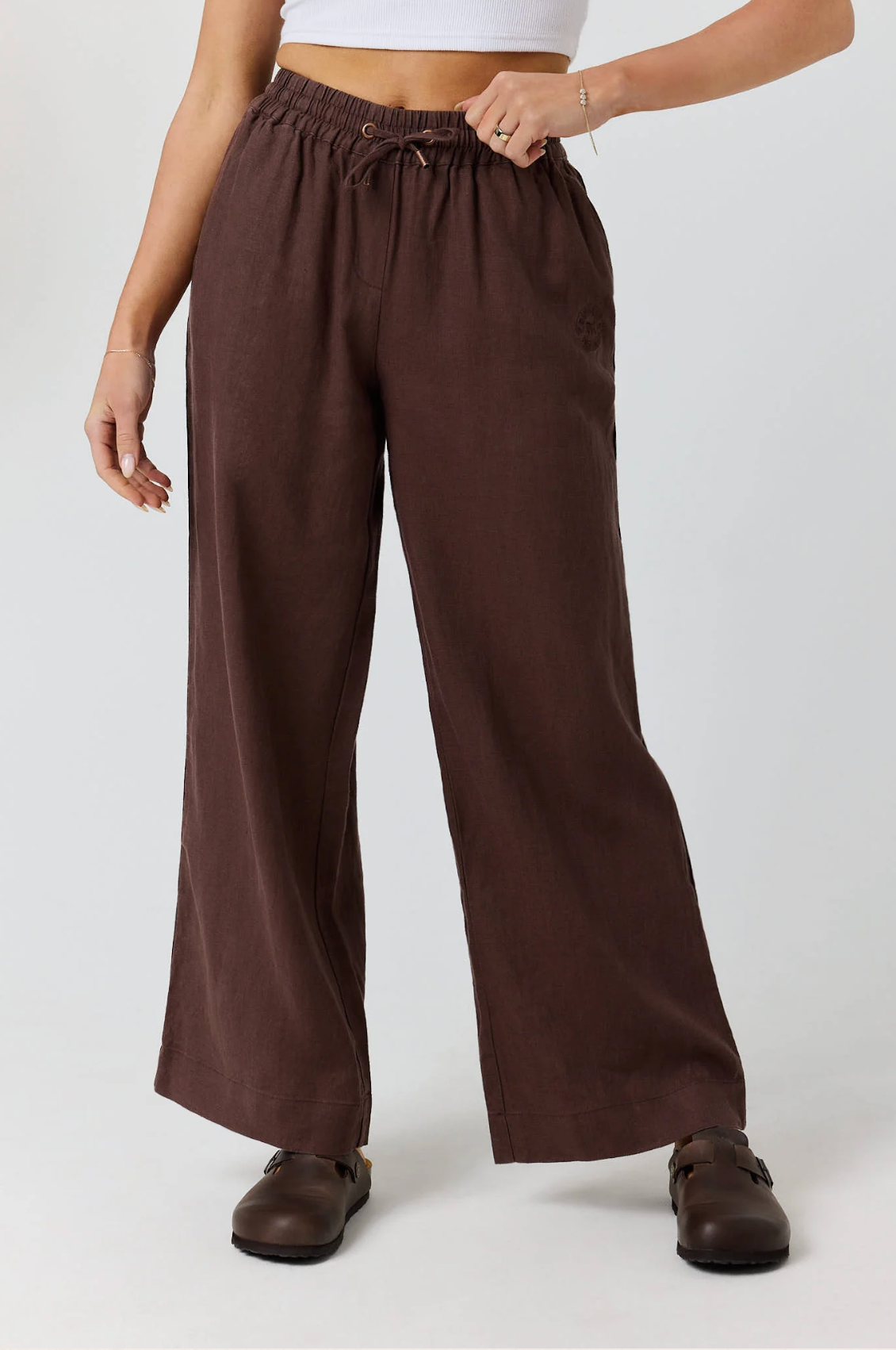 Ringers Western: Womans Brown Linen Pants with a Draw String Waist - Texas Western Apparel New Zealand