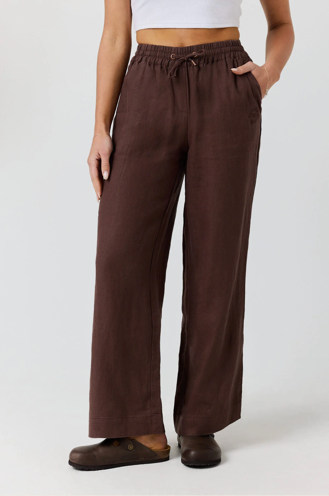 Ringers Western: Womans Brown Linen Pants with a Draw String Waist - Texas Western Apparel New Zealand