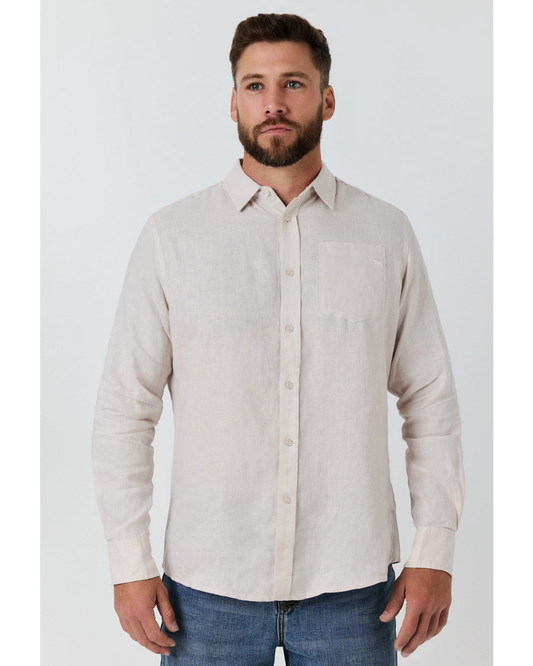 Ringers Western: Mens 100% Linen full button shirt shirt in the colour sand - Texas Western New Zealand 