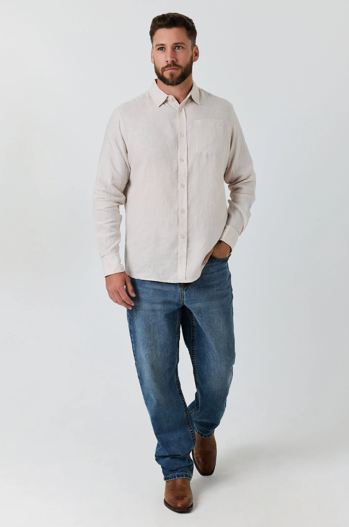 Ringers Western: Mens 100% Linen full button shirt shirt in the colour sand - Texas Western New Zealand 