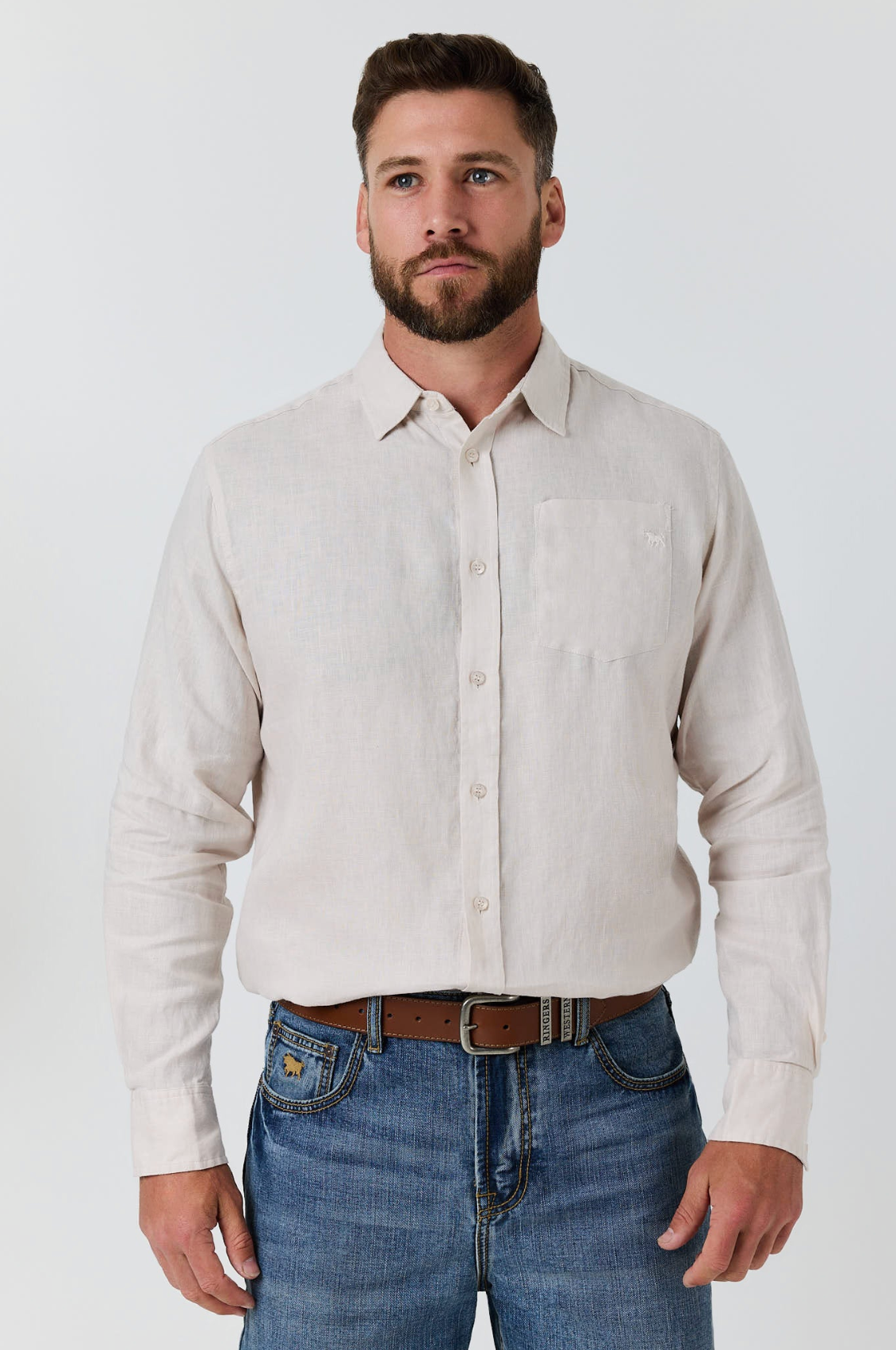 Ringers Western: Mens 100% Linen full button shirt shirt in the colour sand - Texas Western New Zealand 