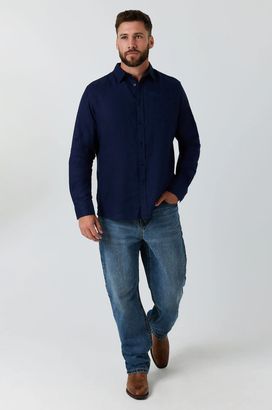 Ringers Western: Mens 100% Linen full button shirt in the colour navy - Texas Western Apparel New Zealand