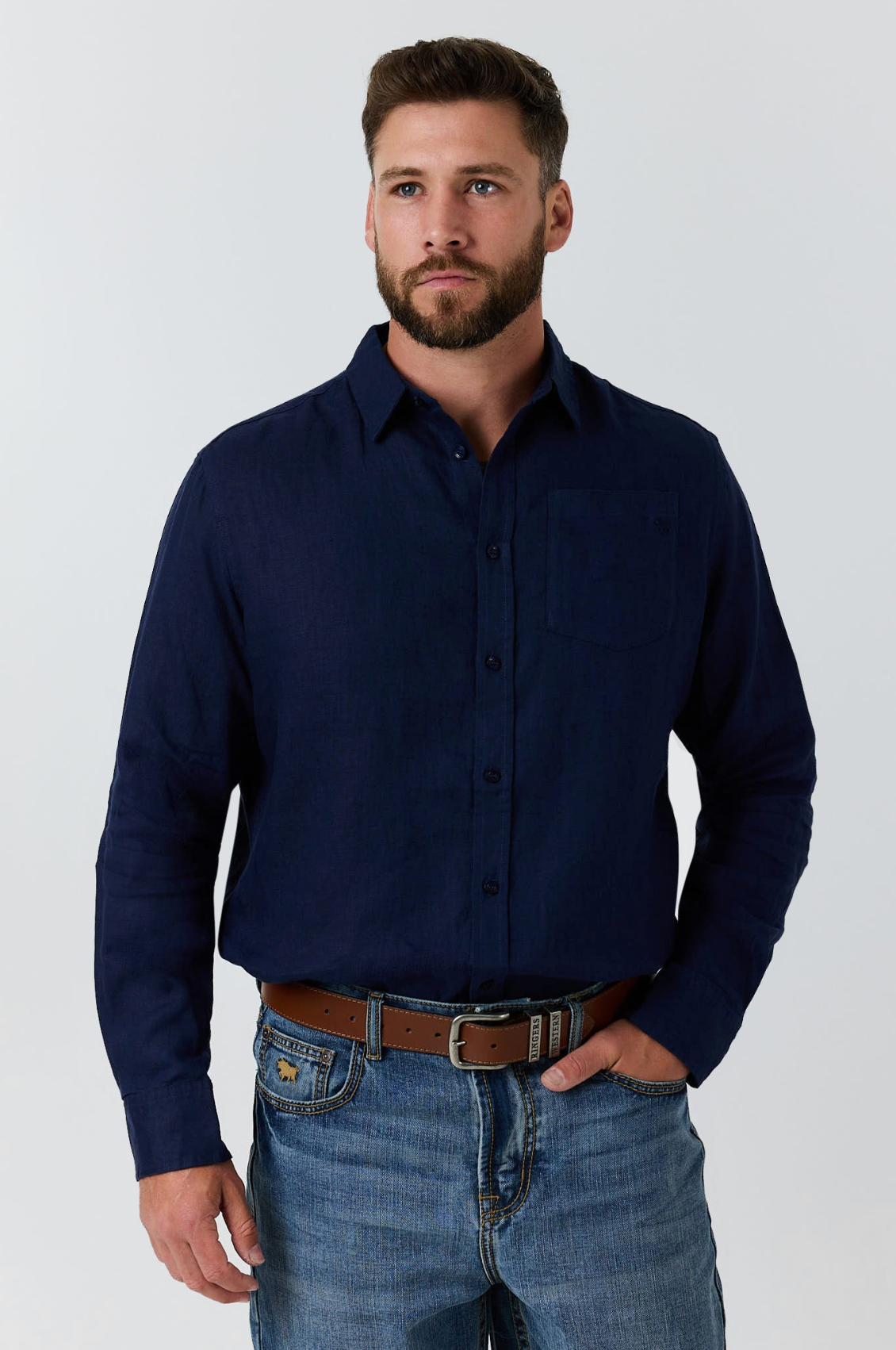 Ringers Western: Mens 100% Linen full button shirt in the colour navy - Texas Western Apparel New Zealand