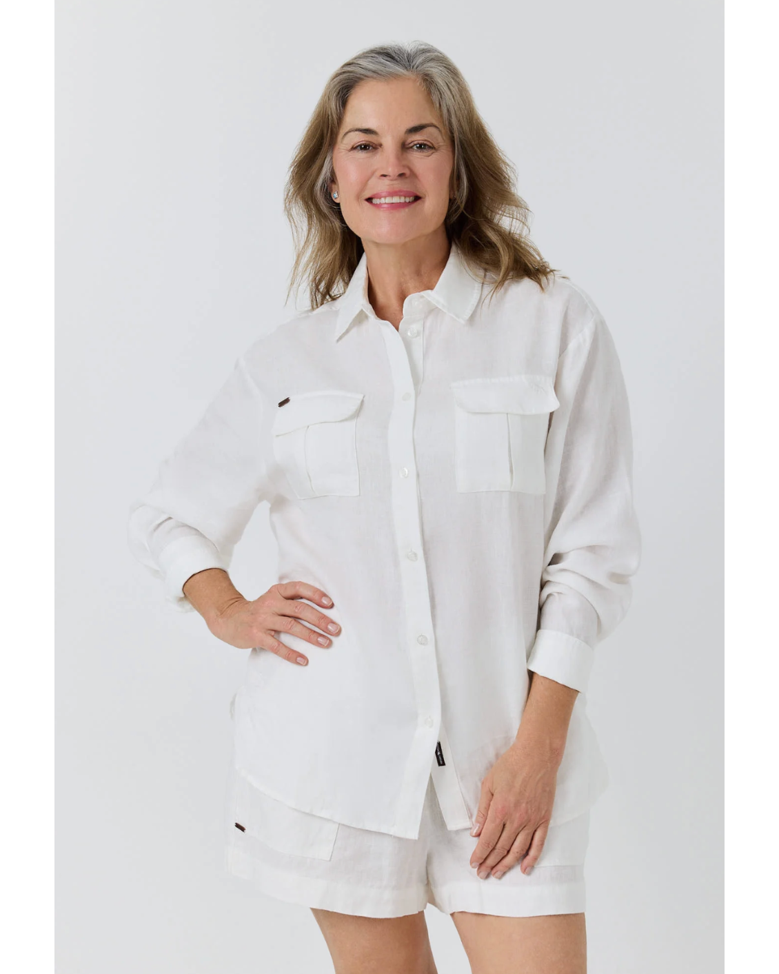 Ringers Western: Woman's 100% linen full button shirt in the colour white - Texas Western Apparel New Zealand