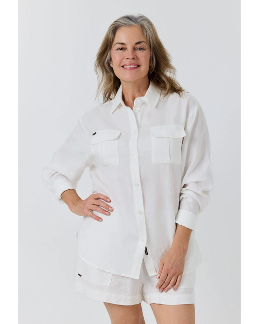 Ringers Western: Woman's 100% linen full button shirt in the colour white - Texas Western Apparel New Zealand