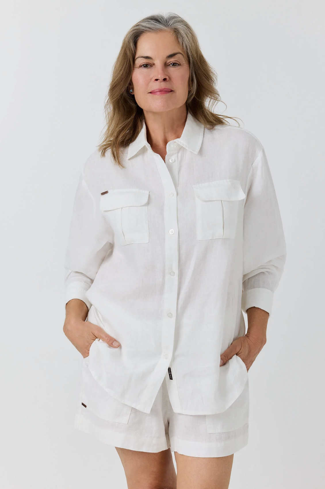 Ringers Western: Woman's 100% linen full button shirt in the colour white - Texas Western Apparel New Zealand
