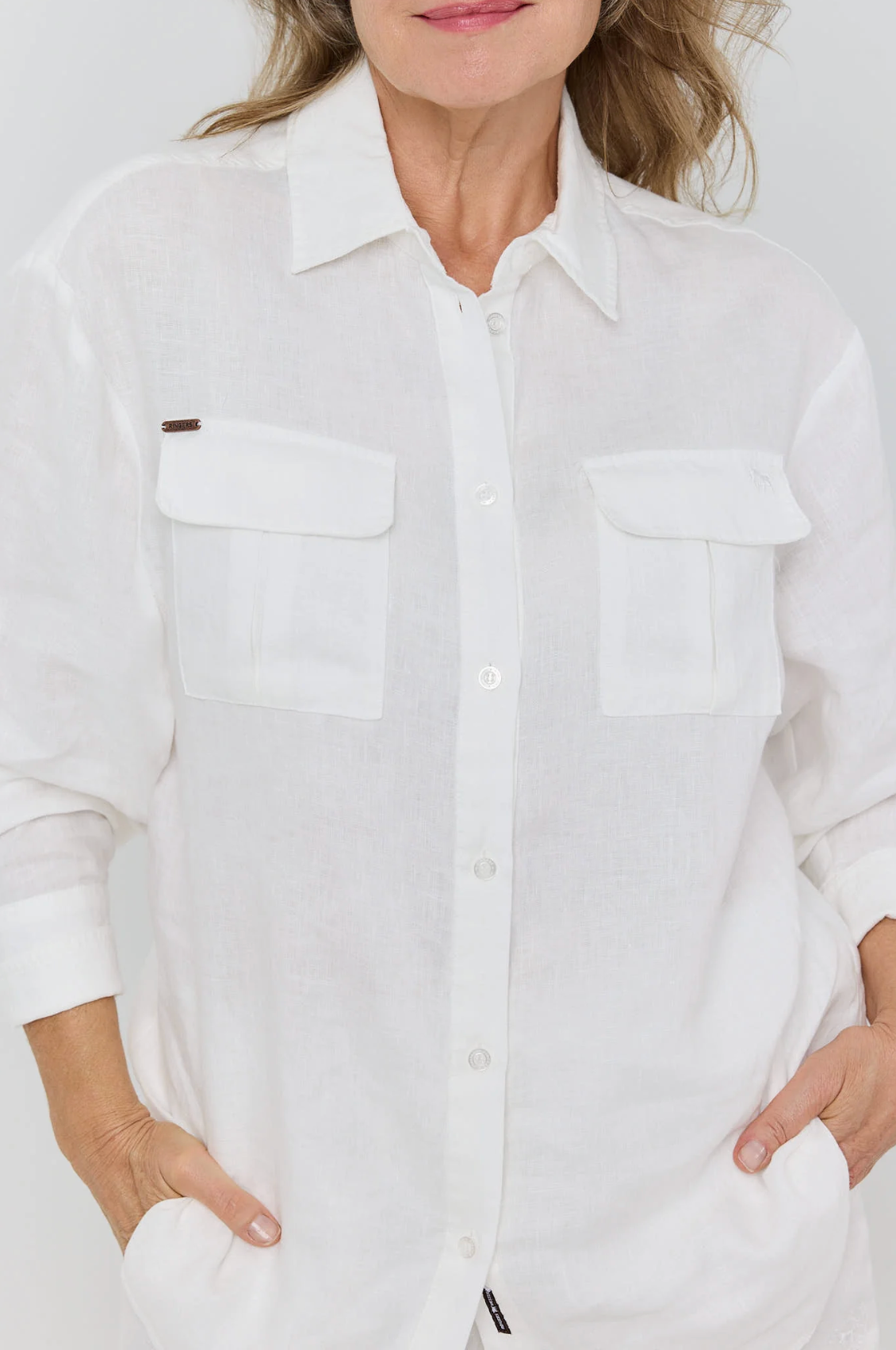 Ringers Western: Woman's 100% linen full button shirt in the colour white - Texas Western Apparel New Zealand