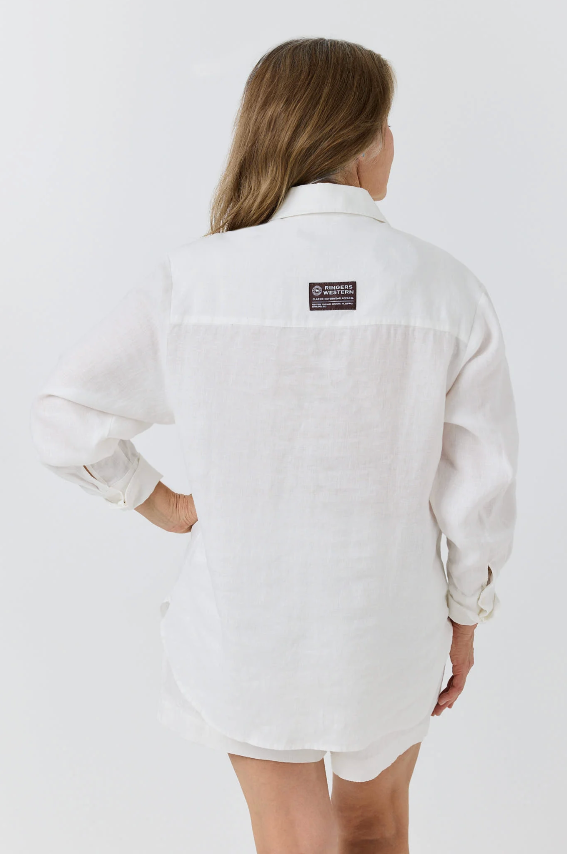 Ringers Western: Woman's 100% linen full button shirt in the colour white - Texas Western Apparel New Zealand