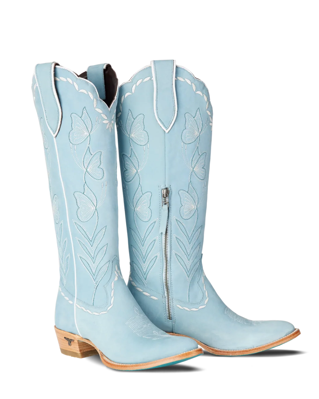 Lane Boots: "Sweet Memories" Knee High  lather cowboy boots with white decorative stitching in Powder Blue - Texas Western Apparel New Zealand