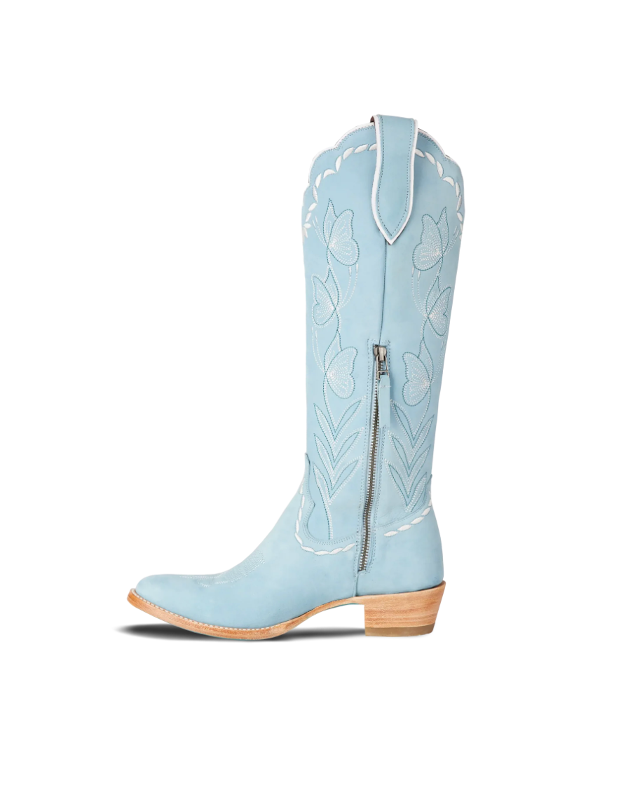 Lane Boots: "Sweet Memories" Knee High  lather cowboy boots with white decorative stitching in Powder Blue - Texas Western Apparel New Zealand