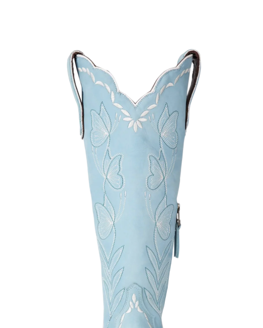 Lane Boots: "Sweet Memories" Knee High  lather cowboy boots with white decorative stitching in Powder Blue - Texas Western Apparel New Zealand