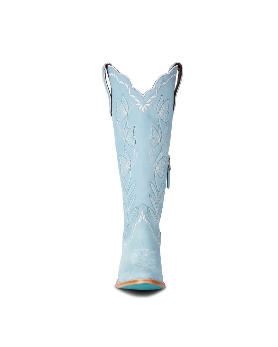 Lane Boots: "Sweet Memories" Knee High  lather cowboy boots with white decorative stitching in Powder Blue - Texas Western Apparel New Zealand