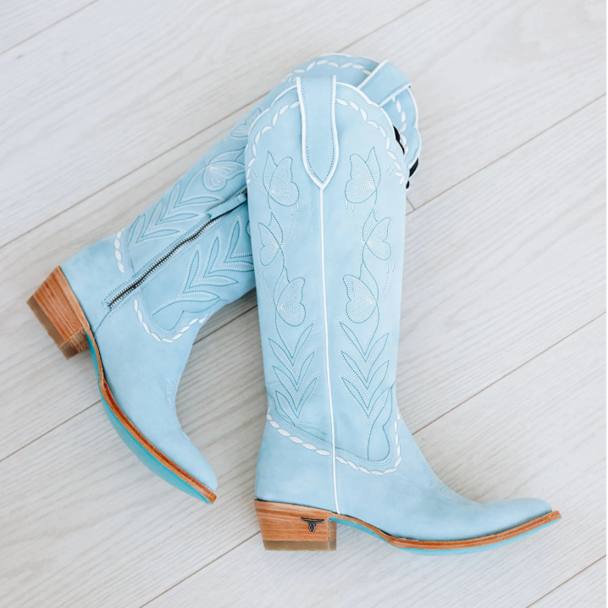 Lane Boots: "Sweet Memories" Knee High  lather cowboy boots with white decorative stitching in Powder Blue - Texas Western Apparel New Zealand