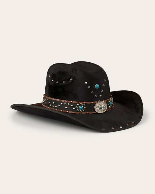 Ringers Western: "Kassidy" Cowboy hat made from finopel velour in the colour black with decretive studs in silver and turquoise - Texas Western Apparel New Zealand