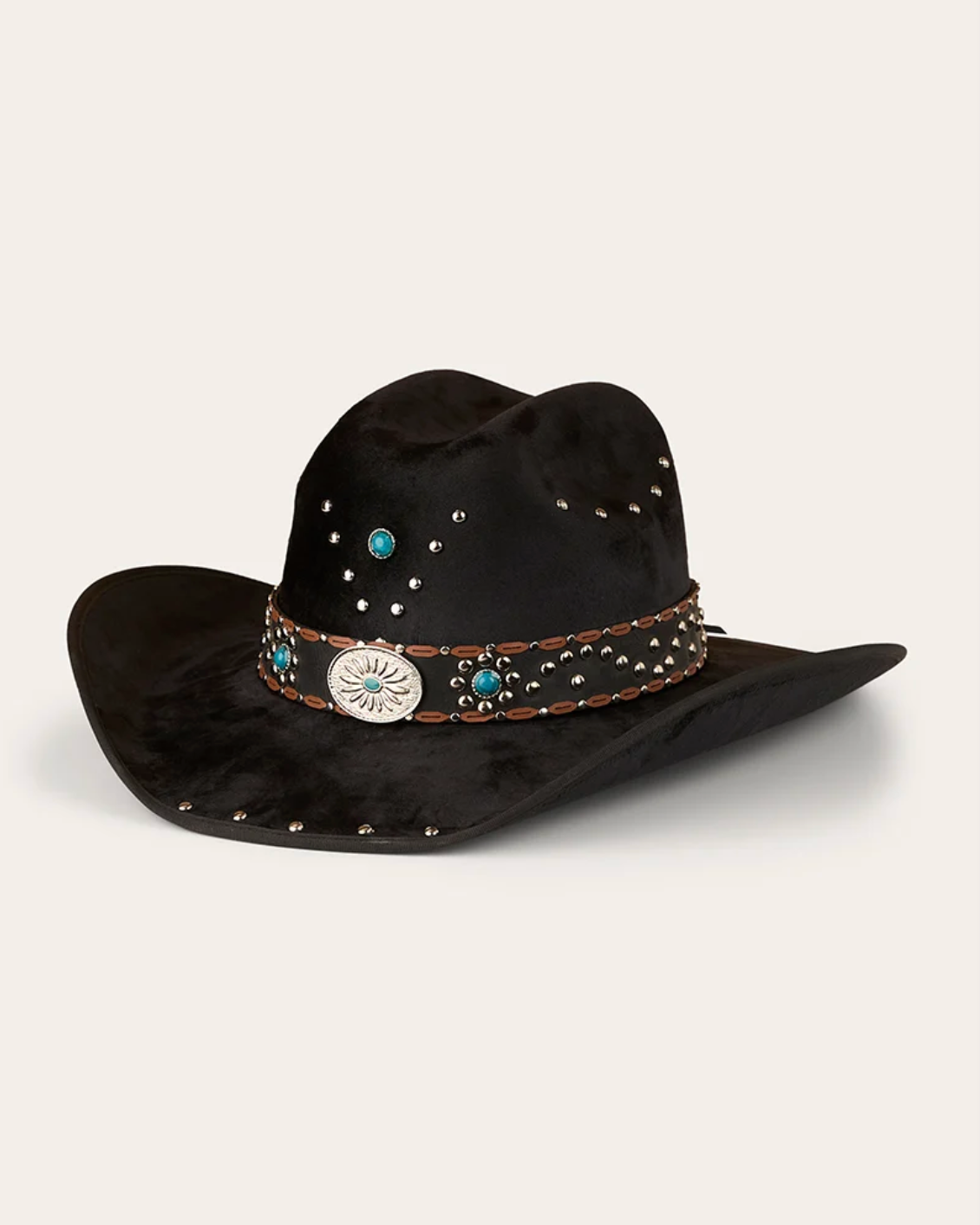 Ringers Western: "Kassidy" Cowboy hat made from finopel velour in the colour black with decretive studs in silver and turquoise - Texas Western Apparel New Zealand