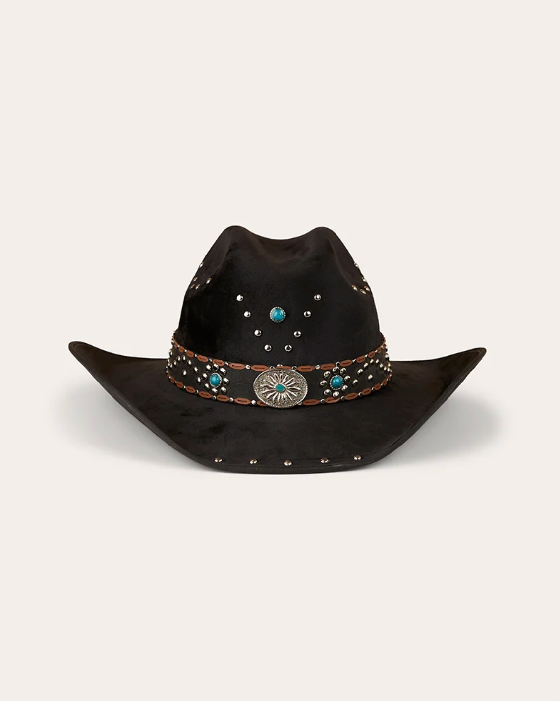 Ringers Western: "Kassidy" Cowboy hat made from finopel velour in the colour black with decretive studs in silver and turquoise - Texas Western Apparel New Zealand