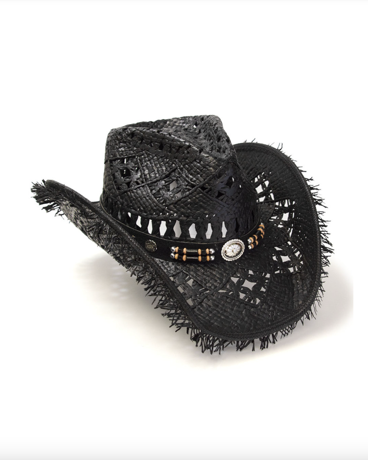 Straw Western Pinch Front Hat with Frayed Brim BLACK