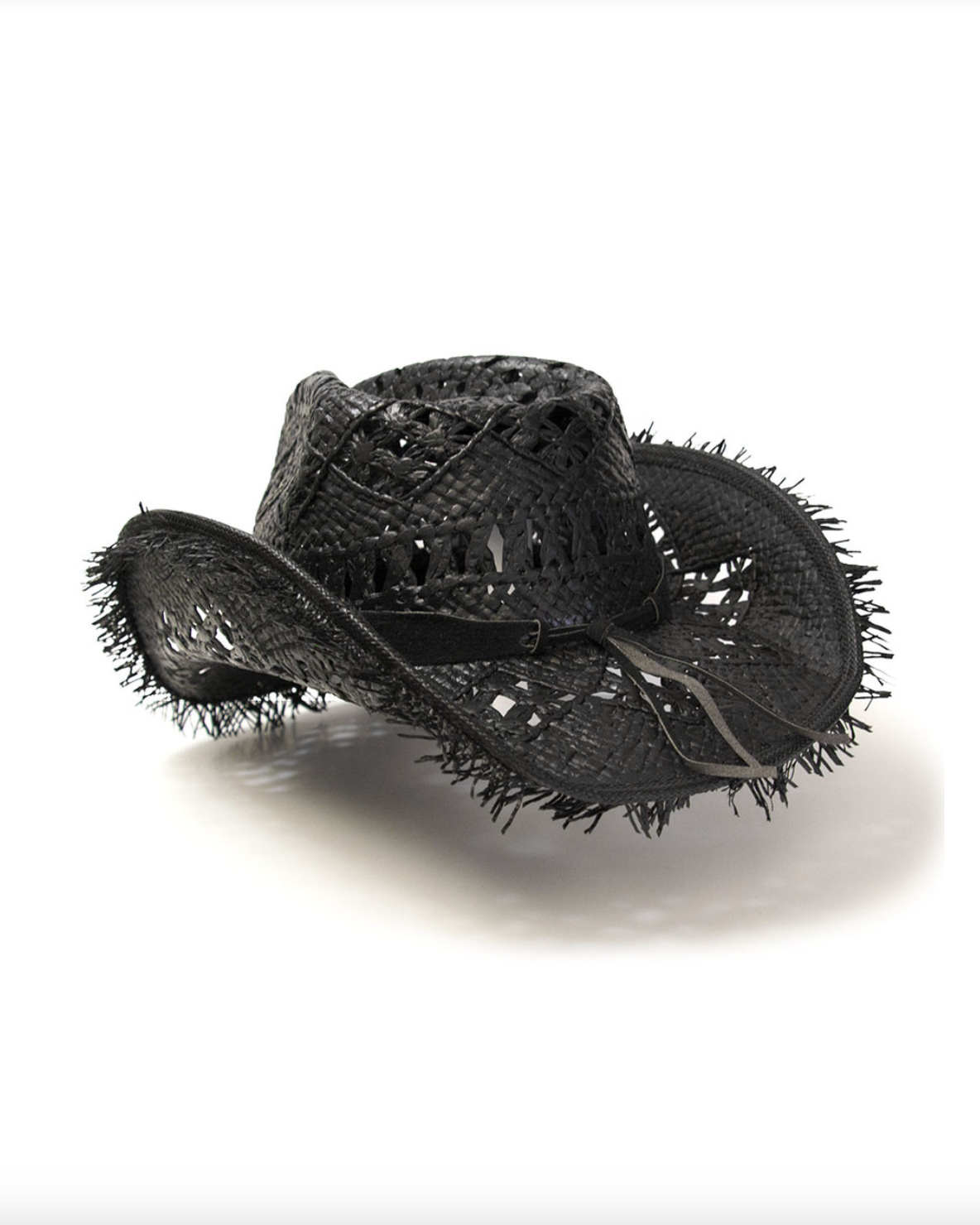 Straw Western Pinch Front Hat with Frayed Brim BLACK